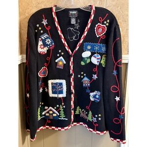 Studio Fa La La Christmas Cardigan Winter Holiday Sweater‎ Women's Size XL Black